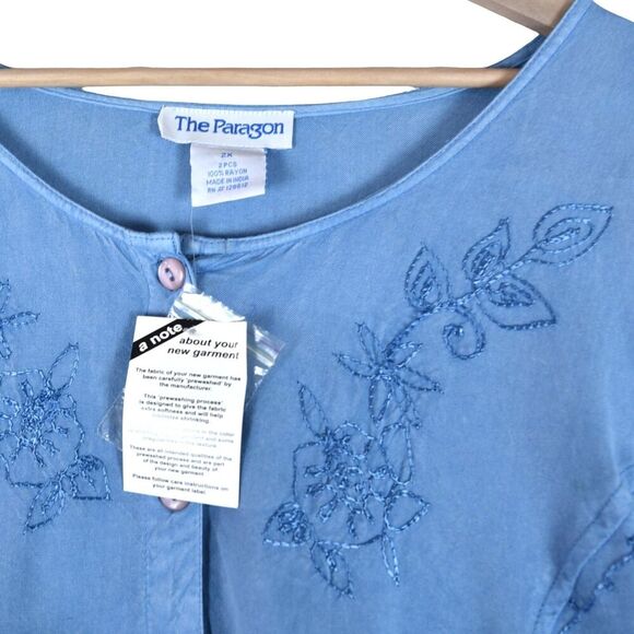 The Paragon 2X Blue Embroidered Button Front Top Rayon Boho Tunic Shirt - Picture 8 of 8
